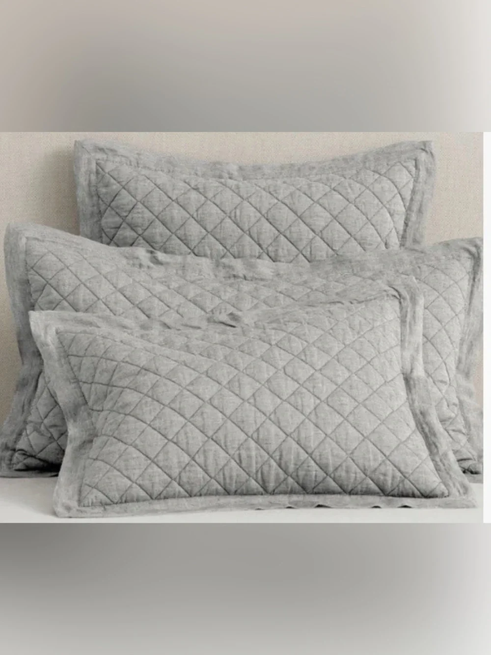 2 Pottery Barn Linen Diamond Quilted Standard Pillow Shams. Gray